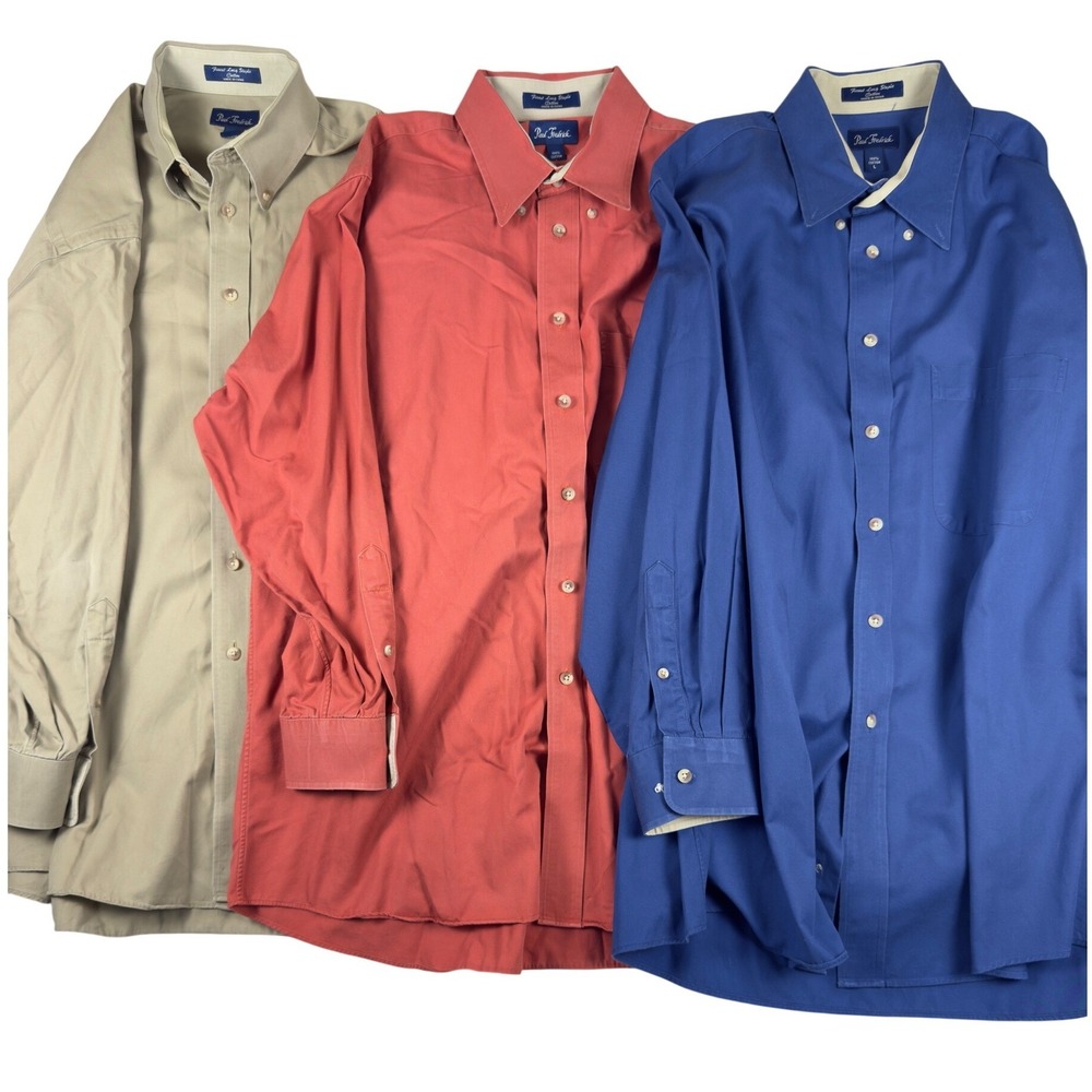 Paul Fredrick Mens Button Down Shirt Bundle 3 Pack Cotton Khaki Coral Blue L‎